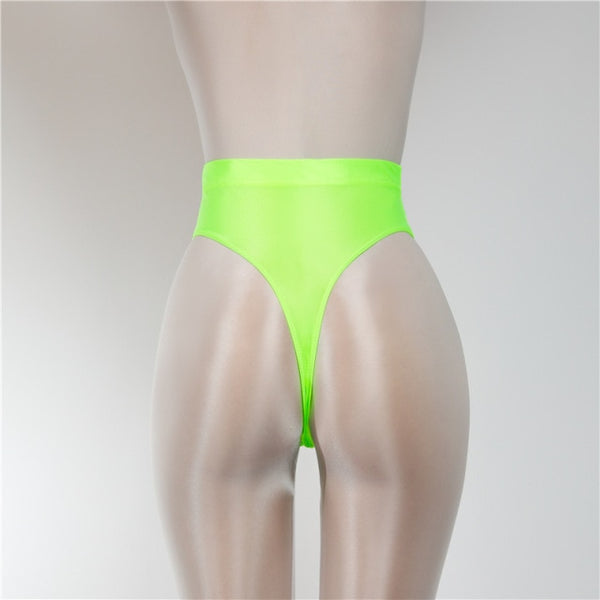 Back view of green wet look thong with high cut sides.