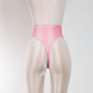 Back view of pink wet look thong with high cut sides.