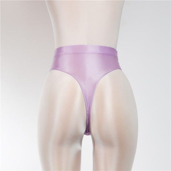 Back view of purple wet look thong with high cut sides.