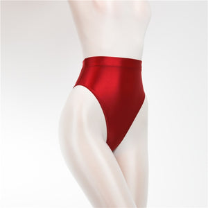 Front view of red wet look thong with high cut sides.