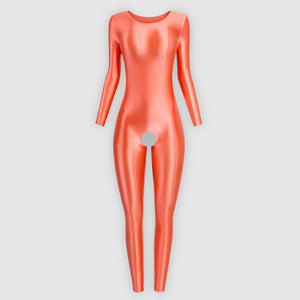 Front view of coral wet look catsuit features a scoop neckline, long sleeves, ankle-length, and an open crotch. 