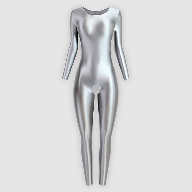 Front view of silver wet look catsuit features a scoop neckline, long sleeves, ankle-length, and an open crotch. 