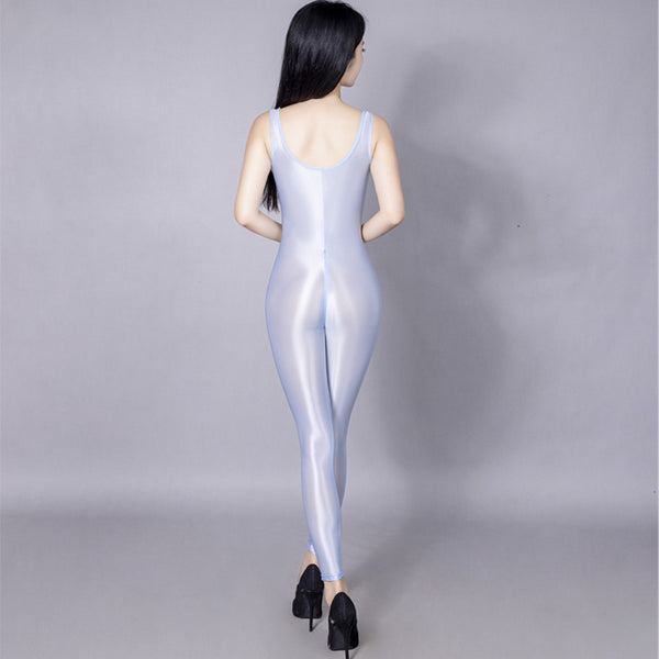 Back view of lady wearing sheer aqua shiny catsuit featuring a scoop neckline, thick shoulder straps for all-day comfort, and a zipper crotch with black high heels.