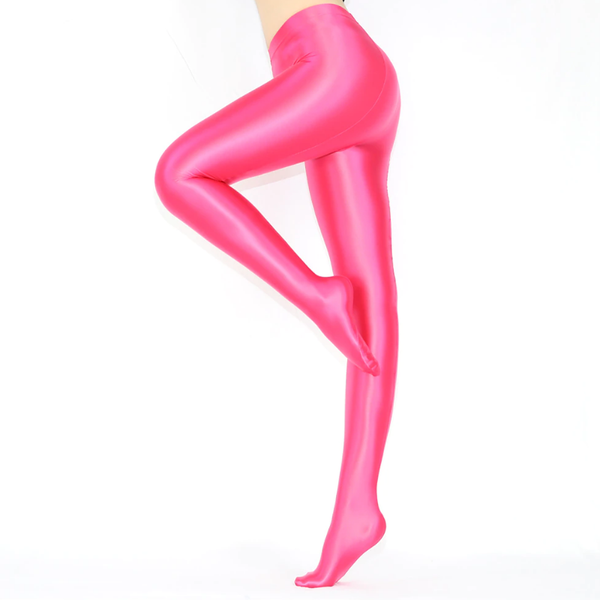 side view of lady wearing magenta shiny wet look opaque pantyhose