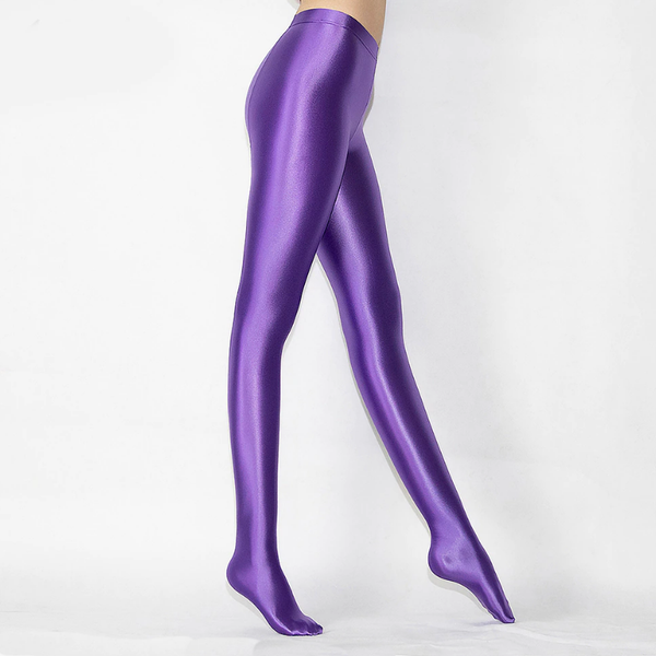 side view of lady wearing violet shiny wet look opaque pantyhose